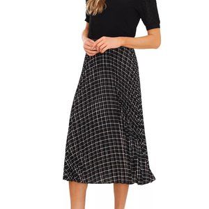 CECE  Grid Print Pleated Midi Skirt In Rich Black NWT